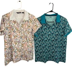 Lands’ End women’s cotton polo shirts lot of 2 floral leaves (size L/T)